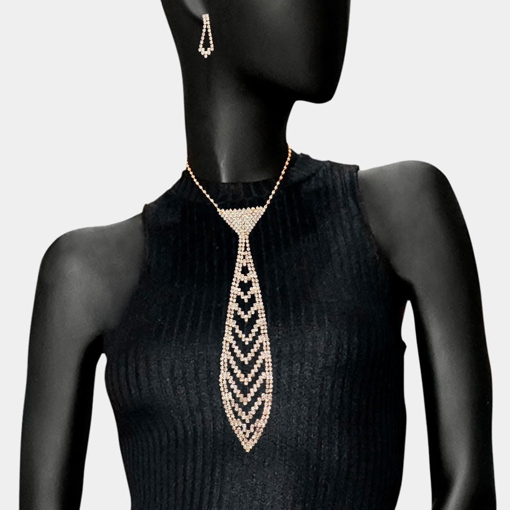 Gold Rhinestone Crystal Tie Necklace Chain Trendy Fashion Jewelry Accessories